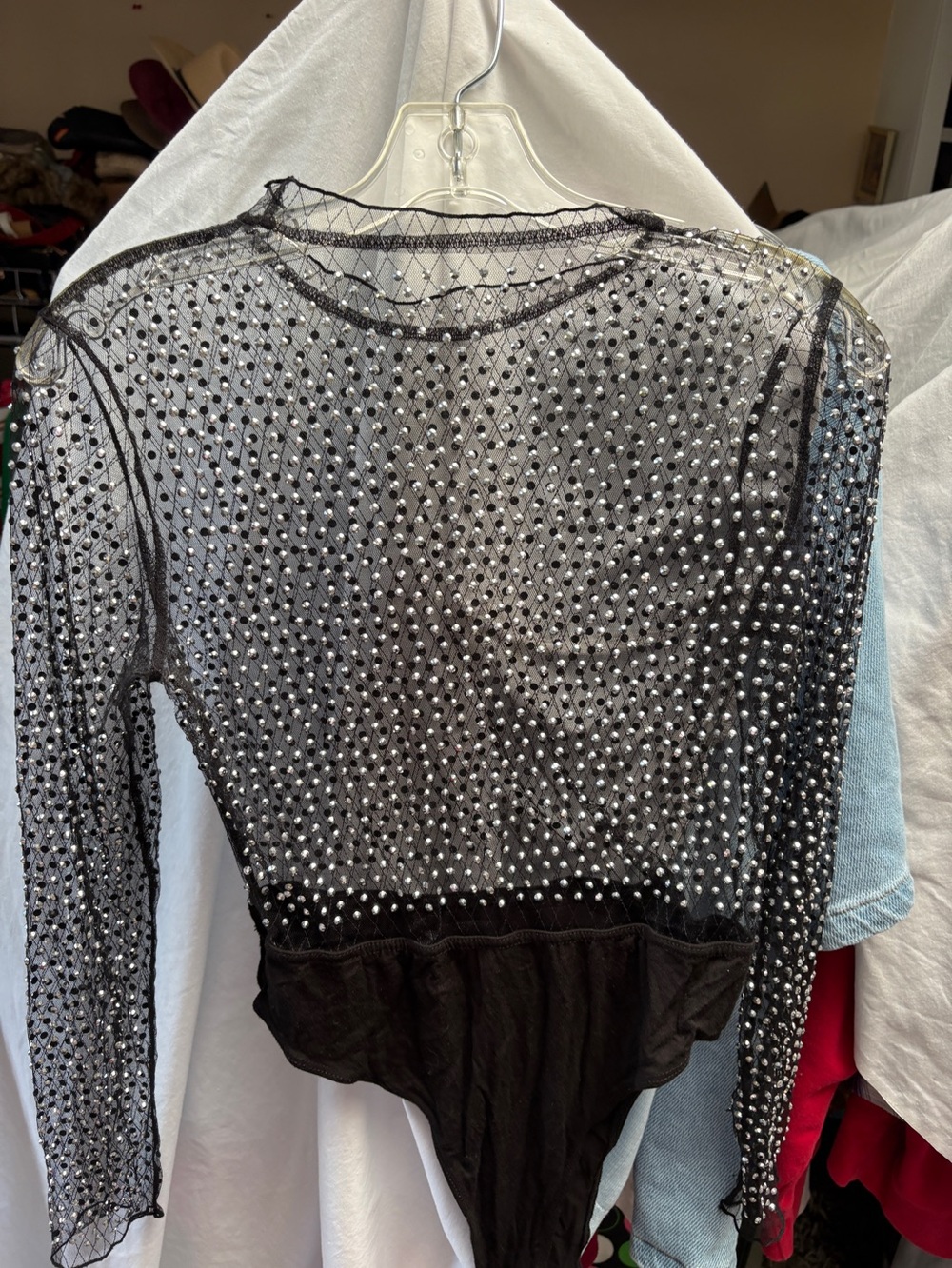 Shown Black Sheer Embellished Long-Sleeve Bodysuit